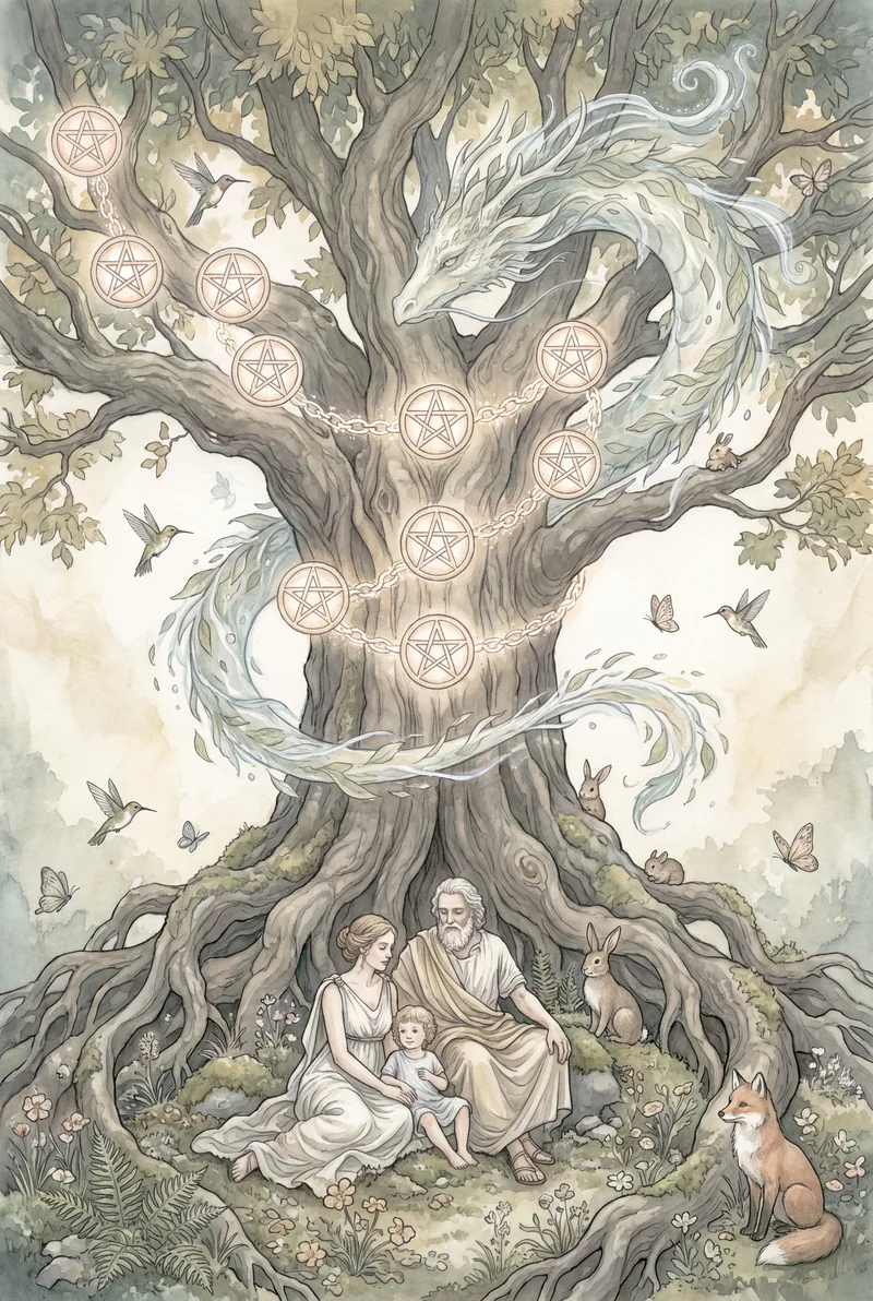 星币十(Ten of Pentacles)韦特体系艺术插画