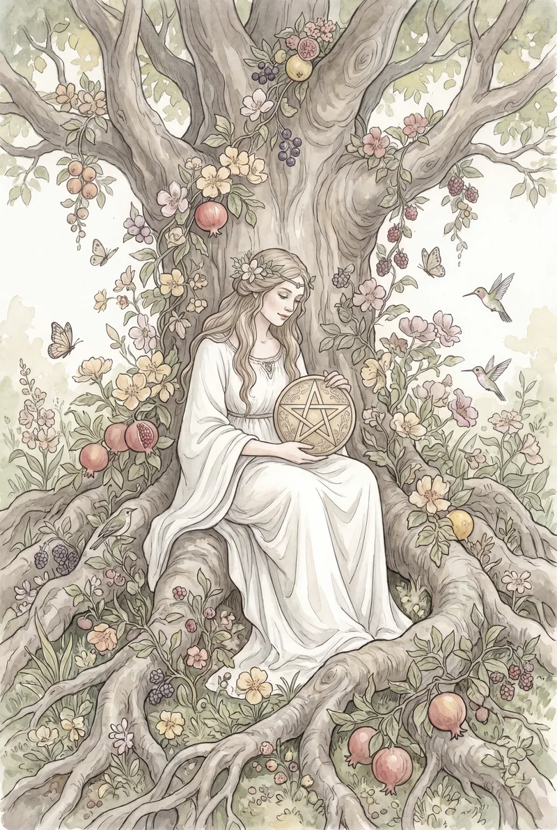 星币王后(Queen of Pentacles)韦特体系艺术插画