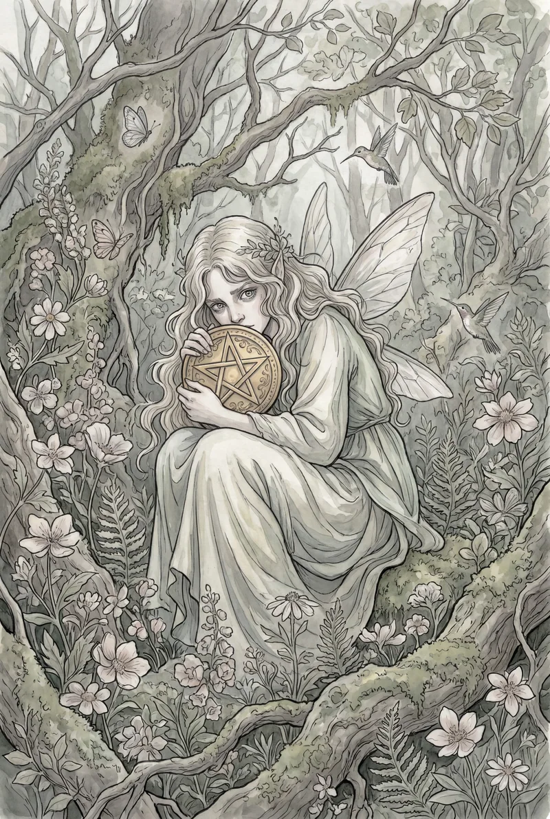 星币四（Four of Pentacles）韦特体系艺术插画