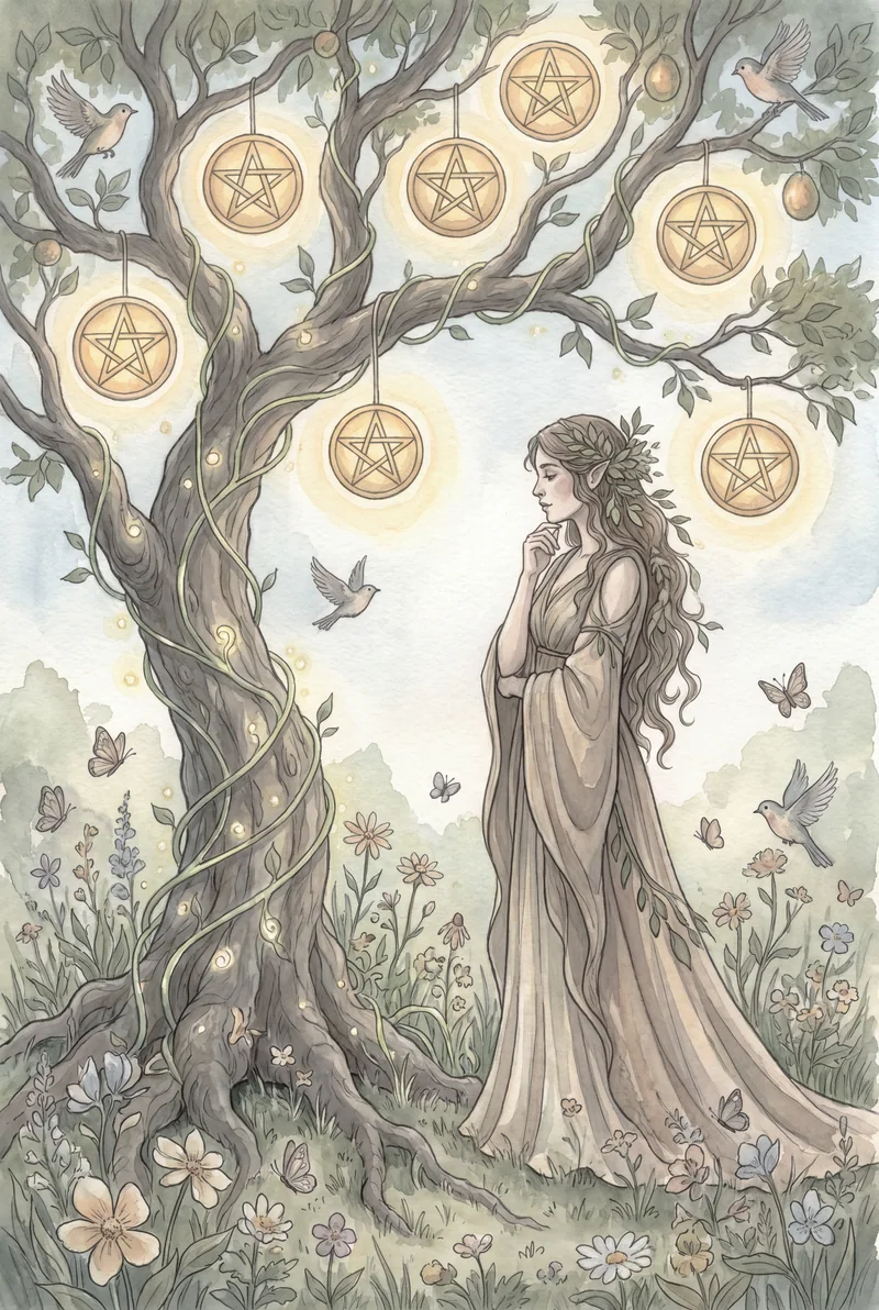 星币七(Seven of Pentacles)韦特体系艺术插画