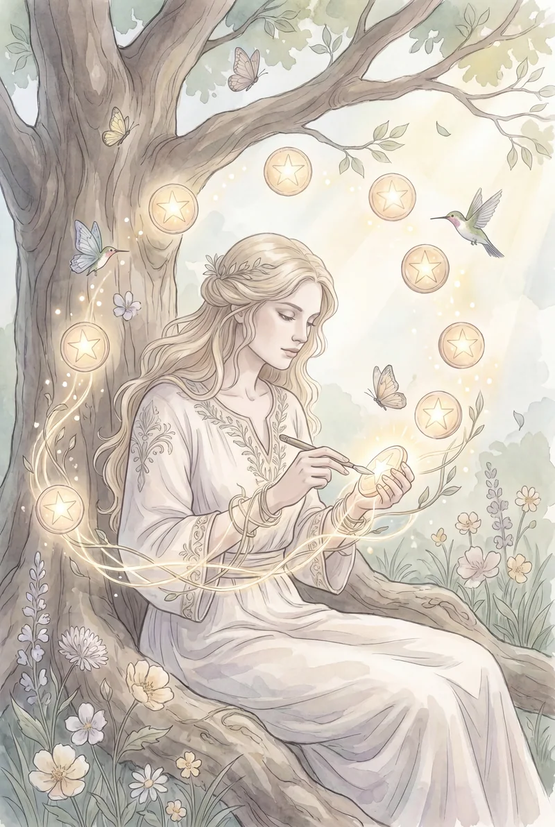星币八（Eight of Pentacles）韦特体系艺术插画