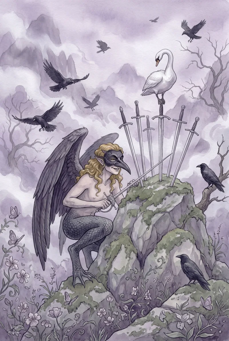 宝剑七(Seven of Swords)韦特体系艺术插画