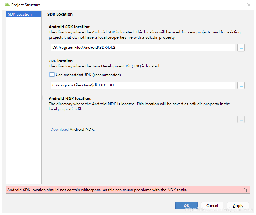 Android SDK location should not contain whitespace, as this can cause problems with the NDK tools.